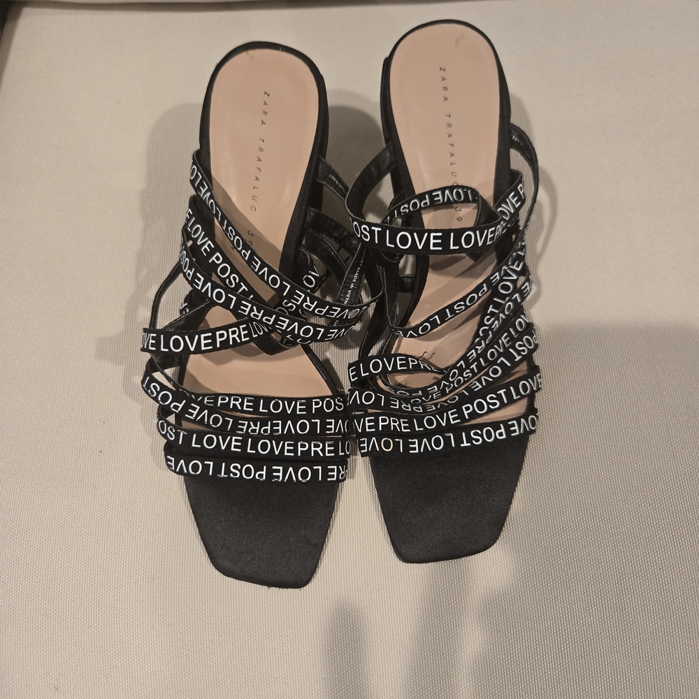Zara Black Strappy Slide Heels with LOVE Print